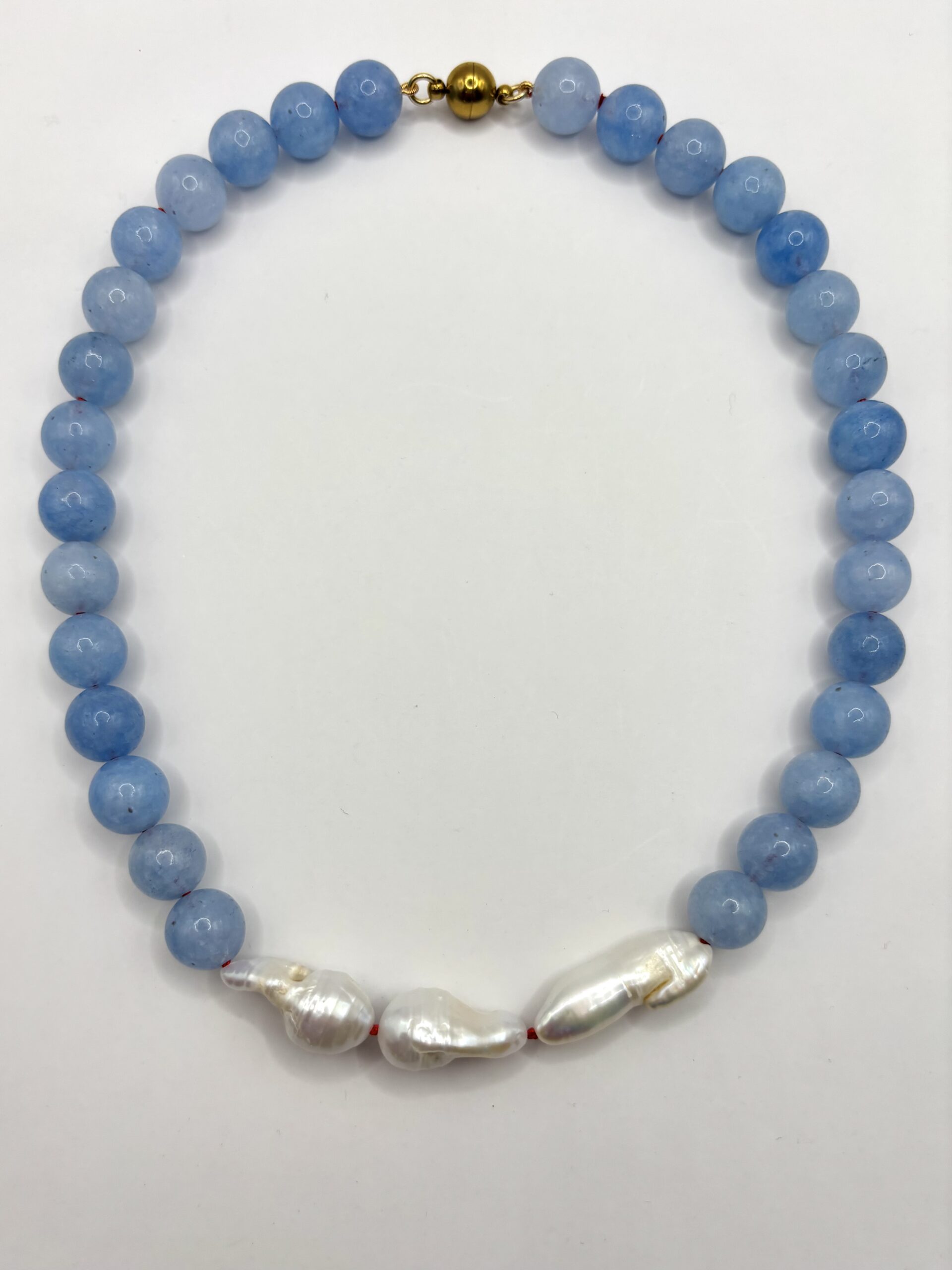 Naszyjnik z Błękitnego Chalcedonu i Naturalnych Pereł Barokowych - 41 cm - obrazek 6
