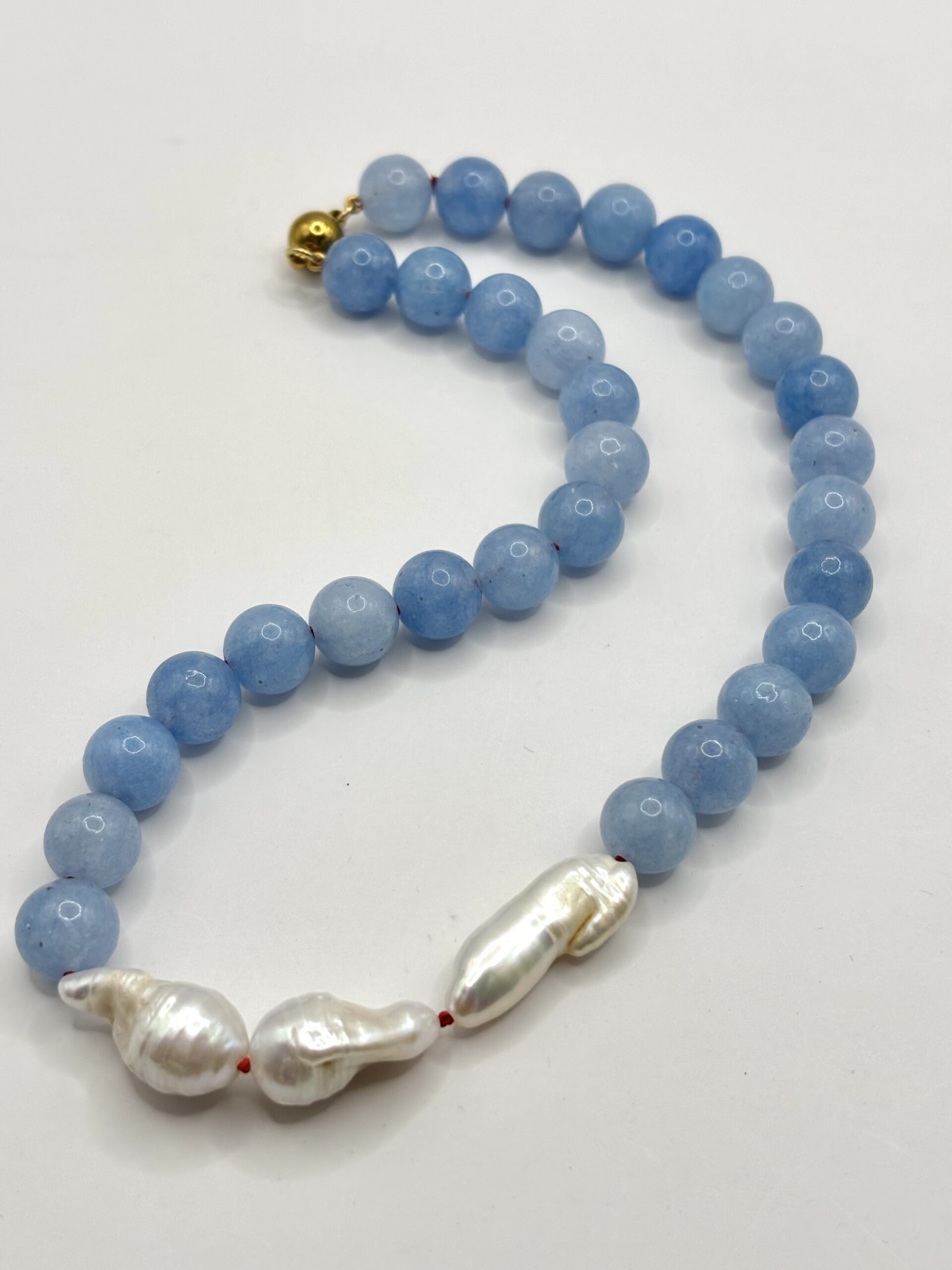 Naszyjnik z Błękitnego Chalcedonu i Naturalnych Pereł Barokowych - 41 cm - obrazek 2